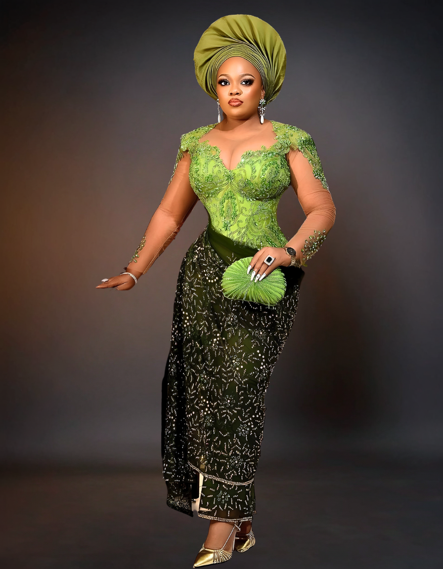 Luxury African Traditional Wedding Attire | Green Aso Ebi