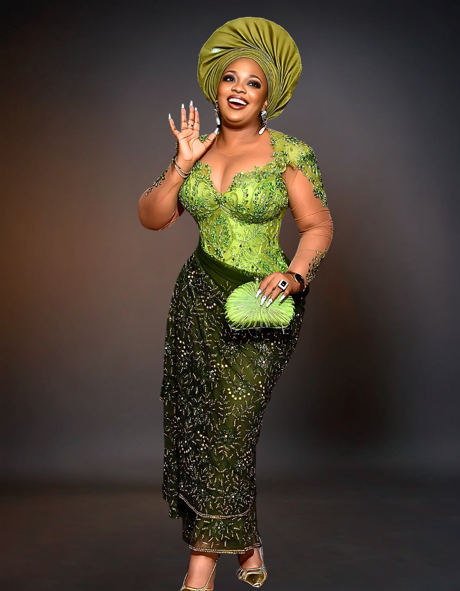 Luxury African Traditional Wedding Attire | Green Aso Ebi