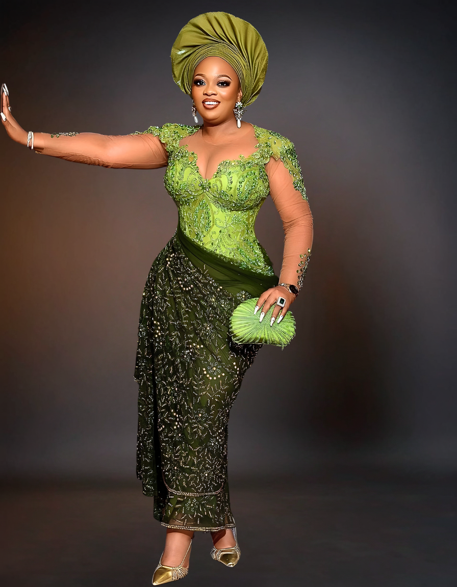 Luxury African Traditional Wedding Attire | Green Aso Ebi