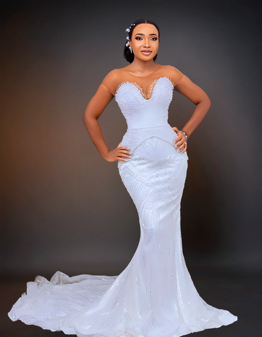 Luxury Beaded Long Cape Wedding Dress | Removable Overskirt