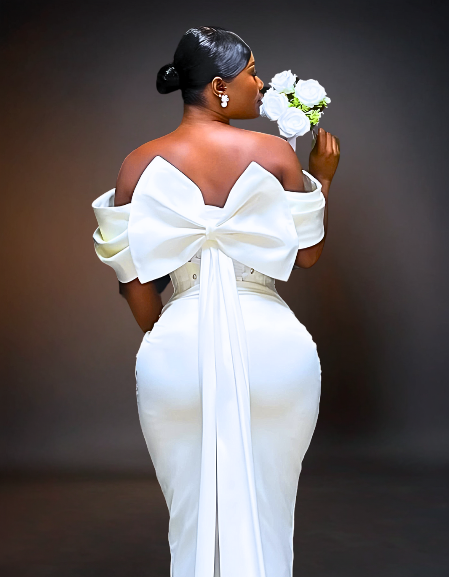 Luxury Bow-Tie Backview Satin Wedding Dress | Off-shoulder