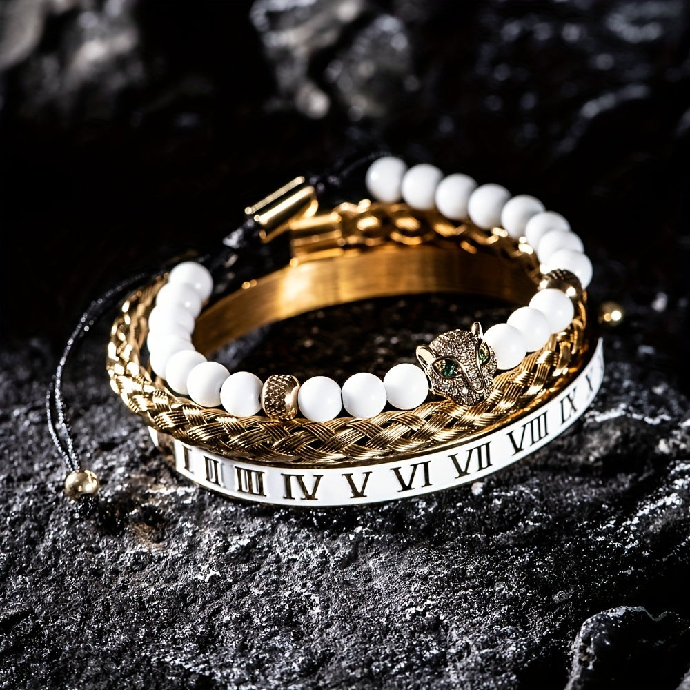 Luxurious gold-plated men's bracelet with skull and Roman numerals design
