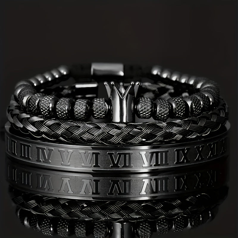 Men's Durable Stainless Steel Bracelet Set, Punk Style Crown Bracelet, Roman Letter Design Jewelry