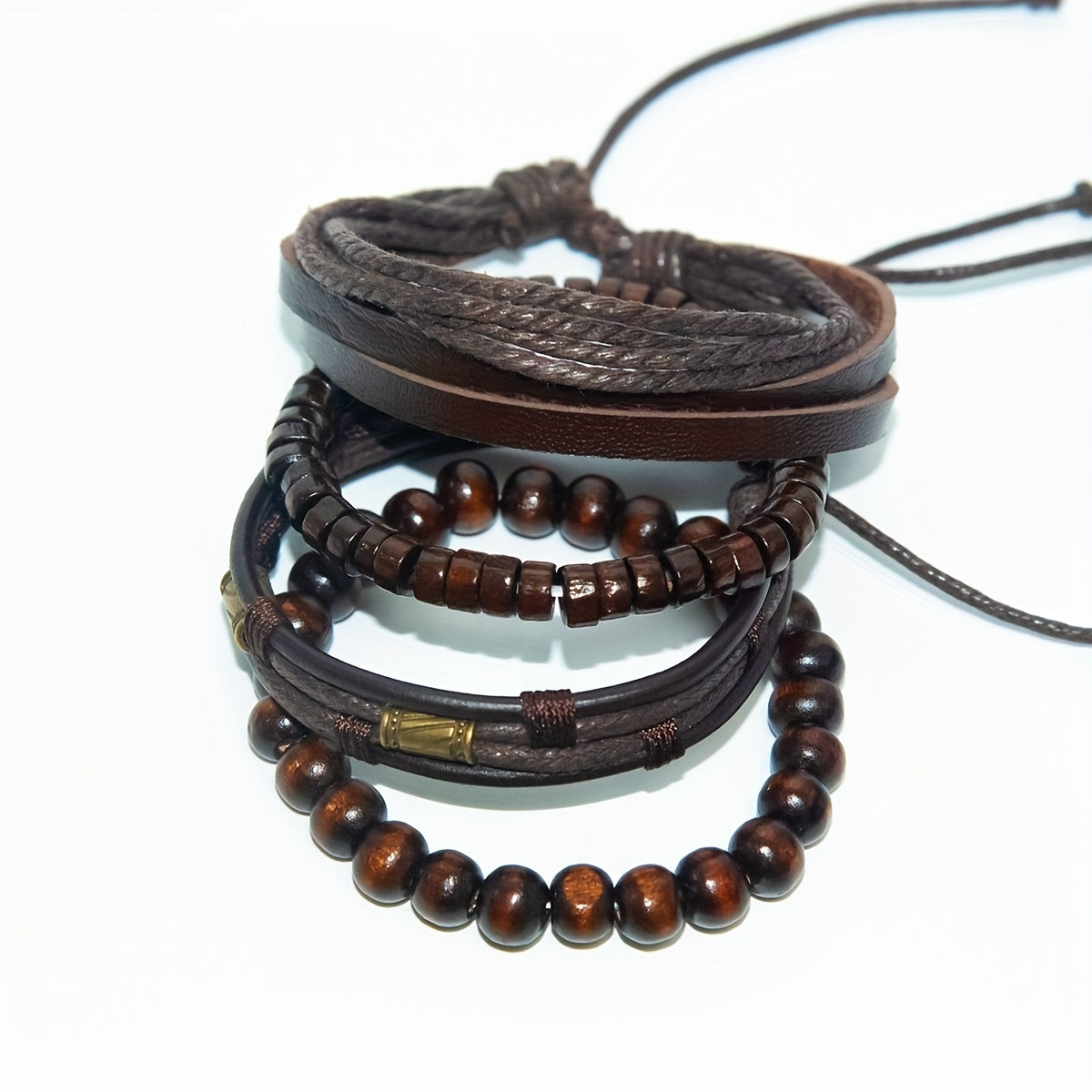 Brown braided leather bracelet set, Stylish wristwear, Trendy fashion accessory, Versatile leather bracelet set.