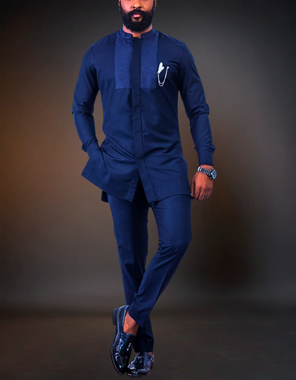 Luxury African Men's Kaftan | Custom Senator Wear | Navy Blue