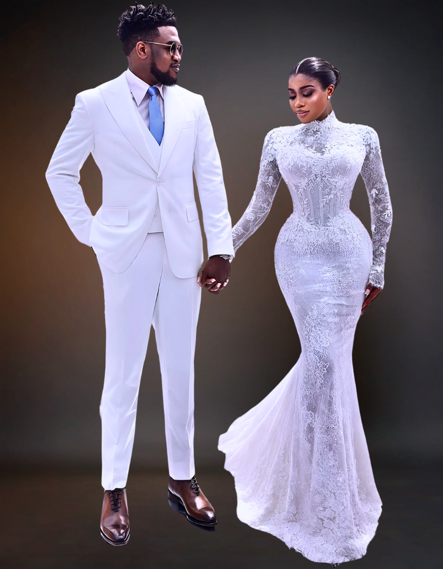  luxurious wedding scene featuring an elegant couple. The bride is wearing a stunning white wedding gown with intricate lace details and a flowing train. The groom is dressed in a sharp white suit.