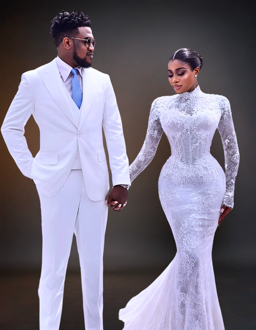  luxurious wedding scene featuring an elegant couple. The bride is wearing a stunning white wedding gown with intricate lace details and a flowing train. The groom is dressed in a sharp white suit.