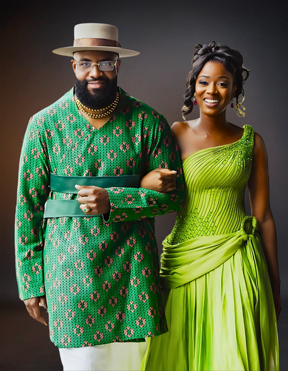  A sophisticated couple is elegantly dressed in coordinating green attire. The woman is wearing a stylish green dress, while the man is dressed in a sharp green shirt..