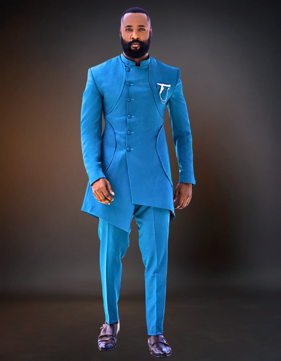 Luxury African Men Kaftan | Custom Sizing | Teal Blue