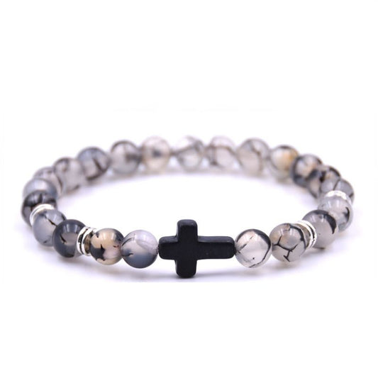 Natural stone bracelet with black cross, Elasticity bracelet for men and women, Unisex fashion accessory with black cross