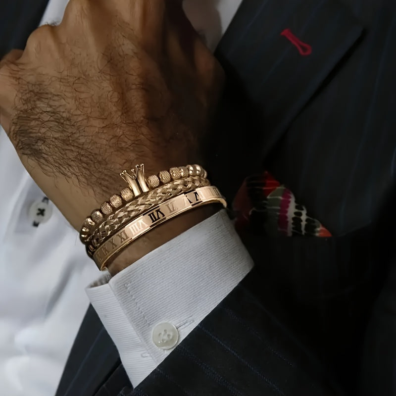 Men's Durable Stainless Steel Bracelet Set, Punk Style Crown Bracelet, Roman Letter Design Jewelry