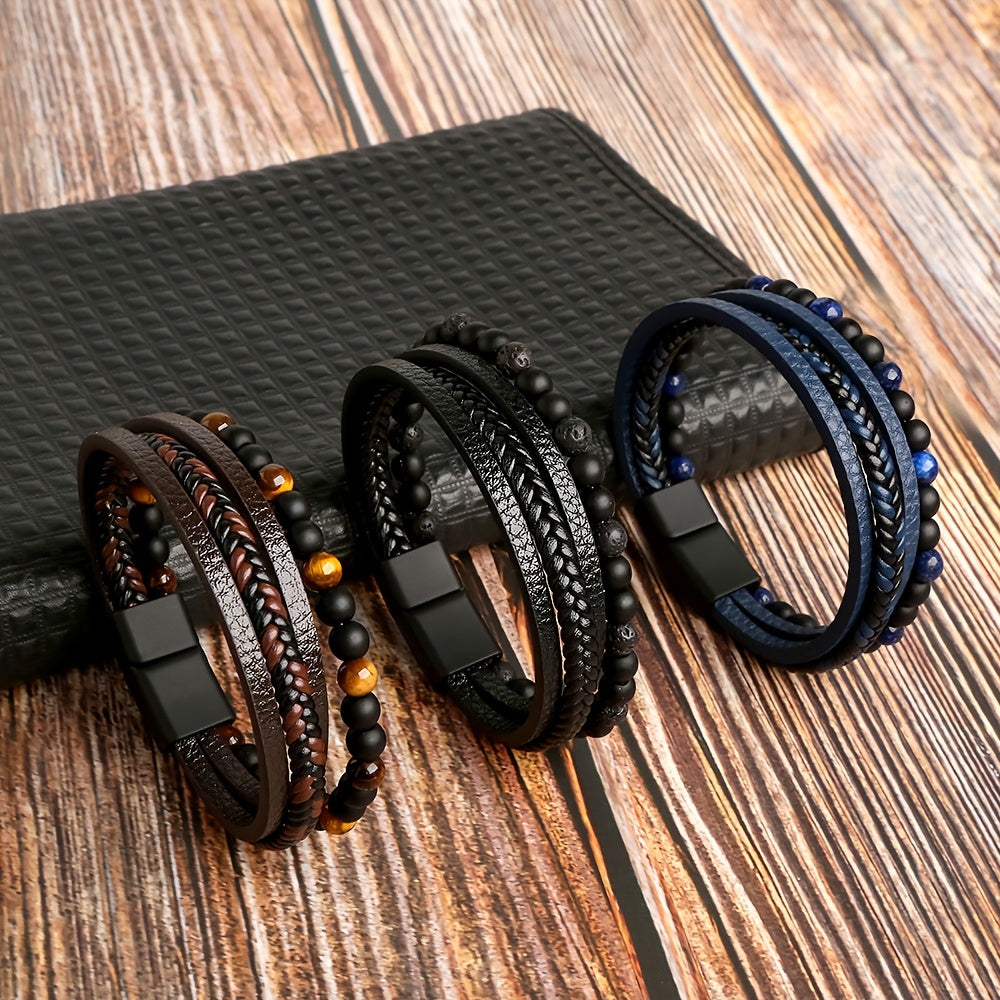 Fashion Layered Braided Leather & Tiger Eye Stone Beaded Bracelet | Unique Punk Bracelet Accessory | Bracelet for Men