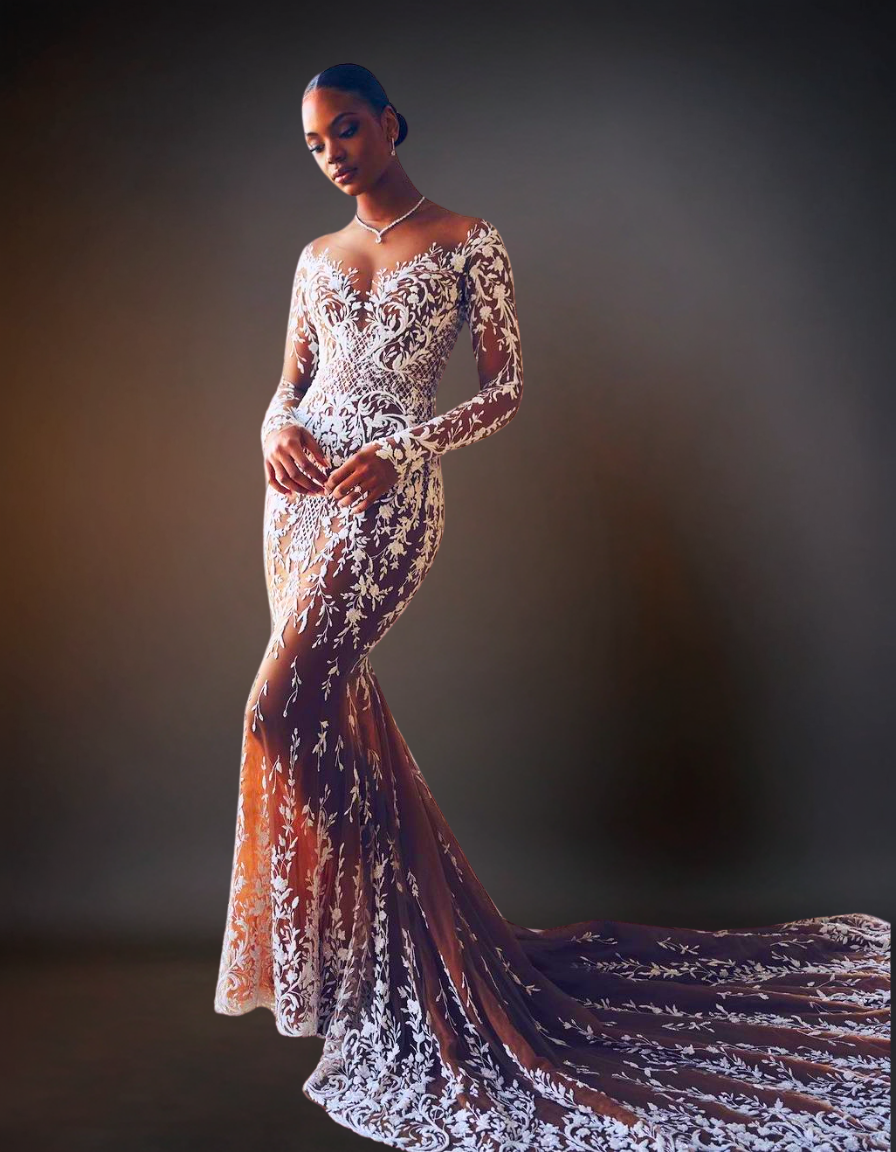Luxury Champagne Full-Length Wedding Dress | Embroidery Lace