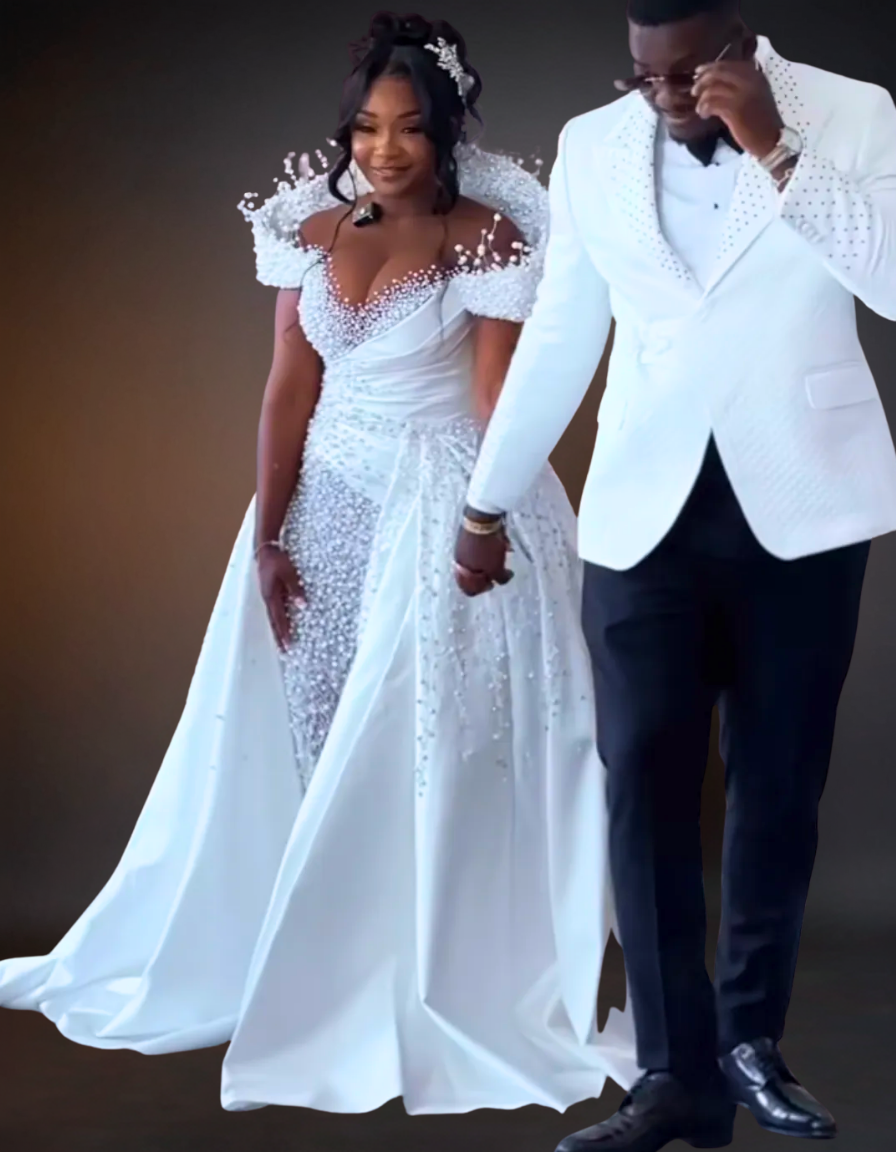 Luxury Pearls Overskirts Mermaid Wedding Dress | Off Shoulder High Neck