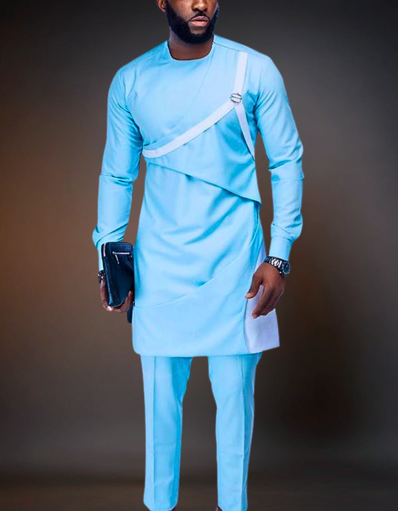 Luxury African Men Kaftan | Custom Sizing | Sky Blue