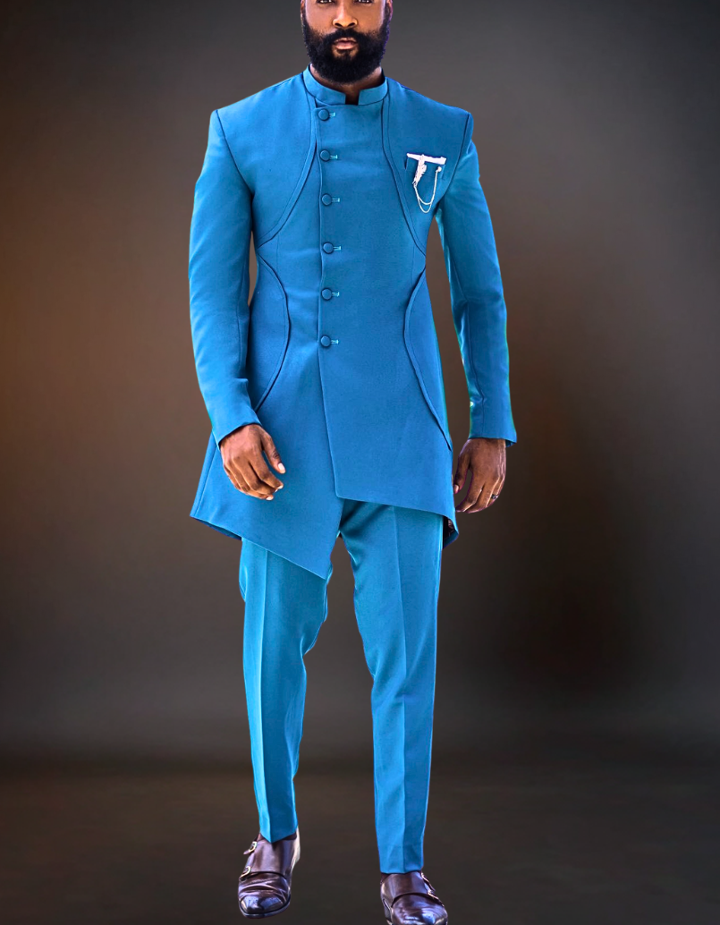 Man wearing a blue formal suit with a dark background