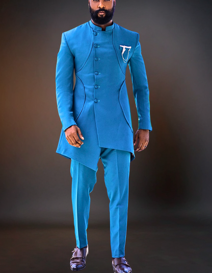 Man wearing a blue formal suit with a dark background