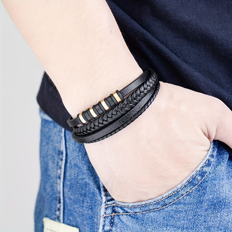 Men Fashion Punk Layered Braided Leather Bracelet, Casual Street Party Jewelry Accessories, Edgy Men's Bracelet, Fashion Accessory for Men