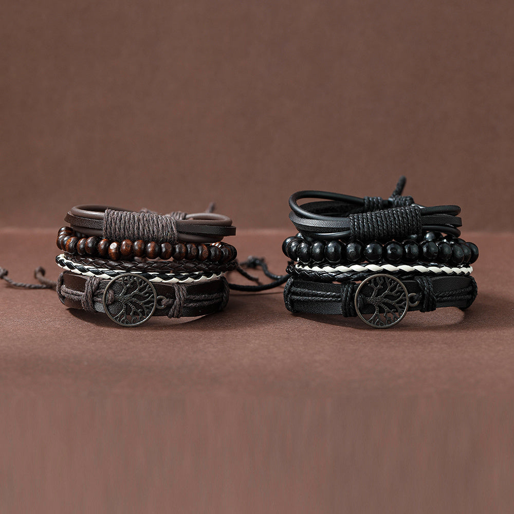 Vintage Charm PU Leather Bracelet Set for Men, Life Tree Bracelet, Rudder Bracelet, Wood Beads Bracelet, Men's Fashion Accessory