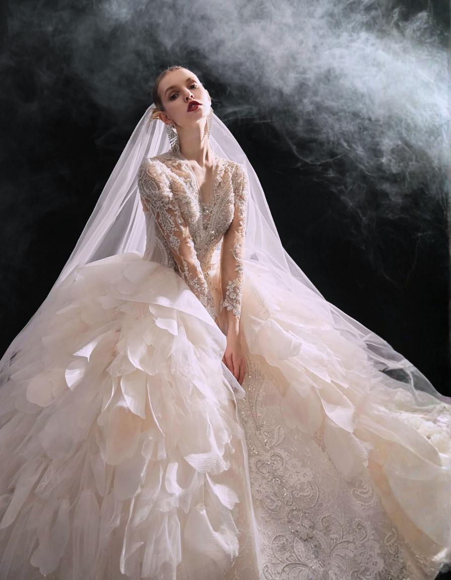 Luxury off white floral ball gown wedding dress with lace bodice long sleeves and dramatic train for formal weddings