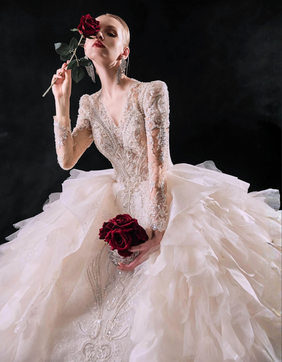 Luxury Floral Ball Gown Wedding Dress | Off White