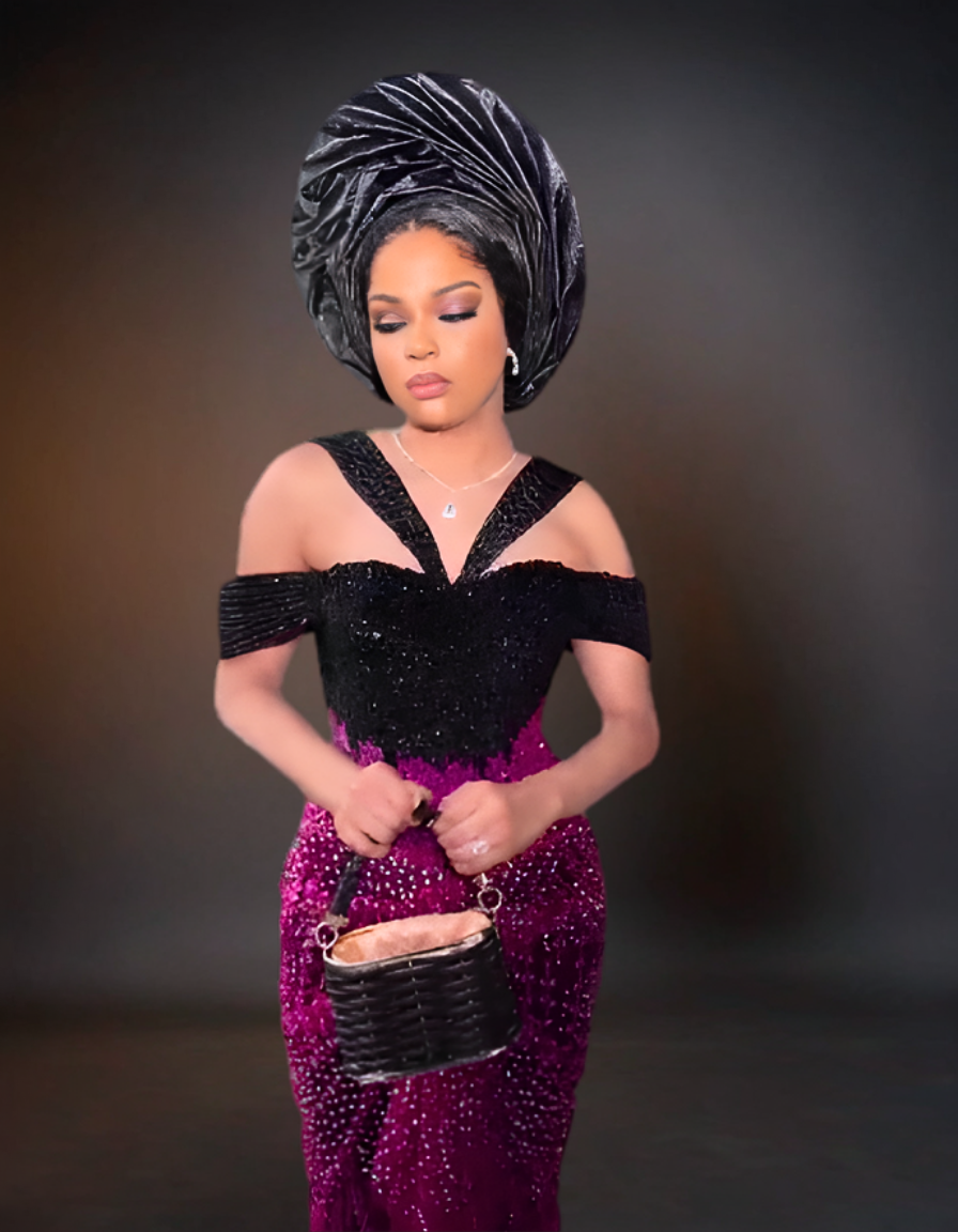 Luxury Traditional Wedding Party Dress | Black & Purple Aso Ebi