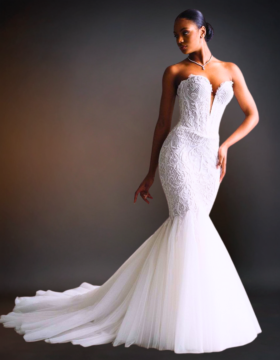 Luxury Lace Mermaid Wedding Dress | Deep V-Neck