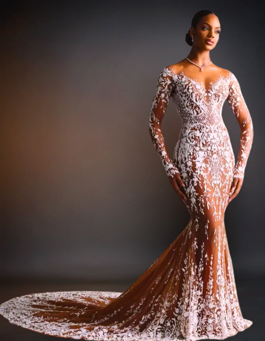 Luxury Champagne Full-Length Wedding Dress | Embroidery Lace