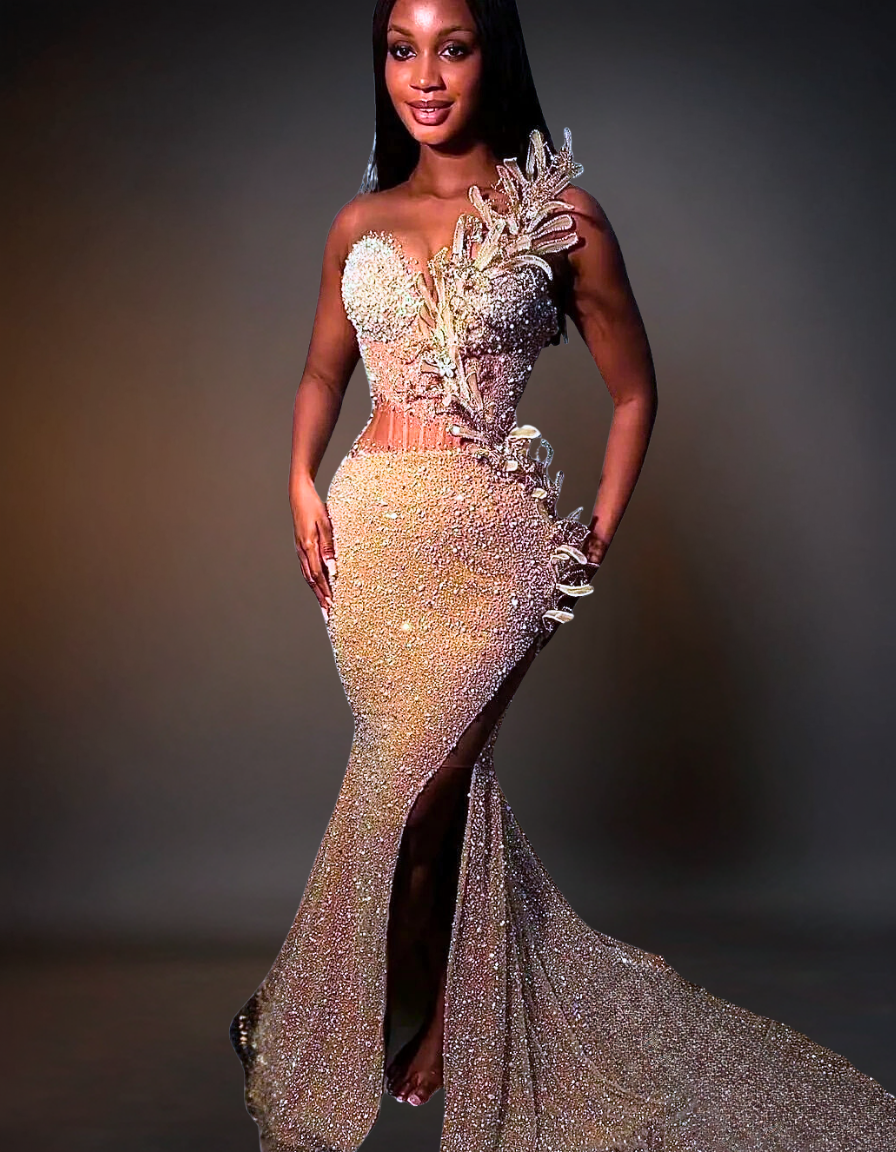 Luxury Mermaid Prom Gown with Floral Beading | Champagne