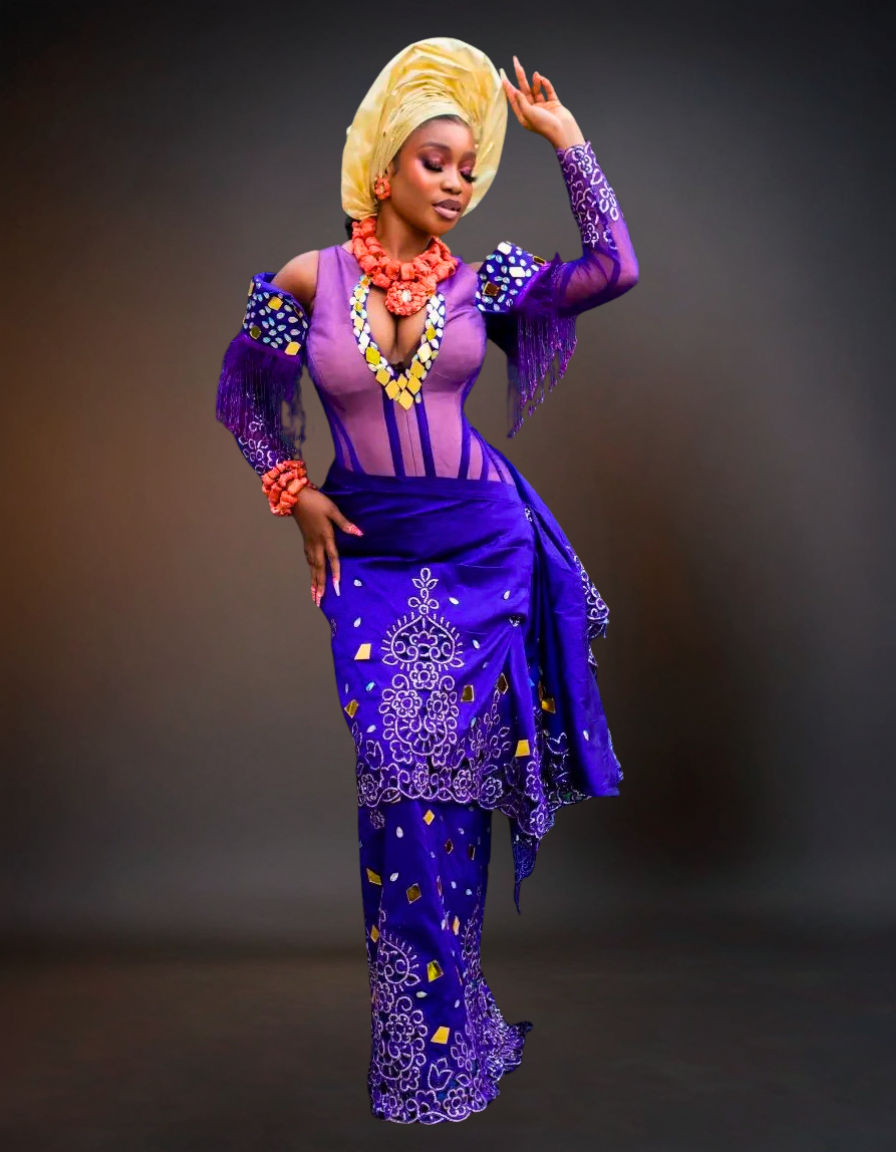 Luxury Nigerian Aso Ebi Corset Set | Purple
