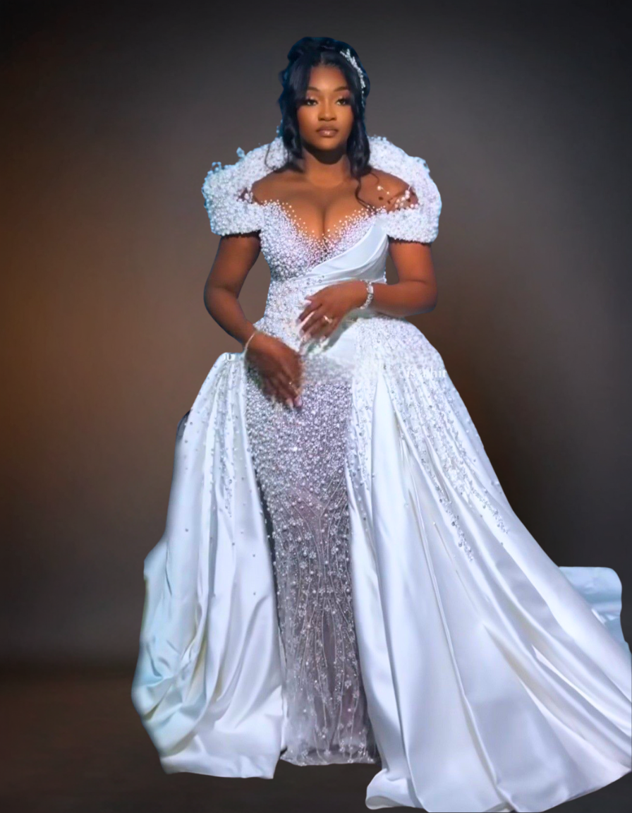 Luxury Pearls Overskirts Mermaid Wedding Dress | Off Shoulder High Neck