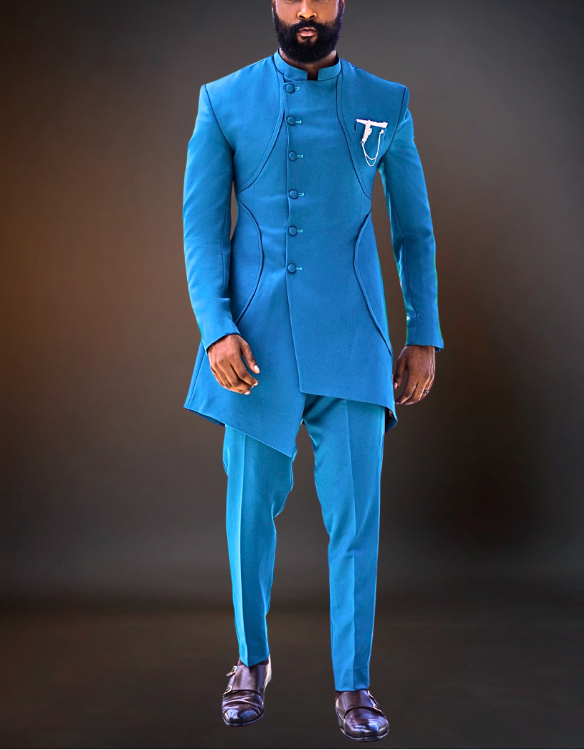 Luxury African Men Kaftan | Custom Sizing | Teal Blue
