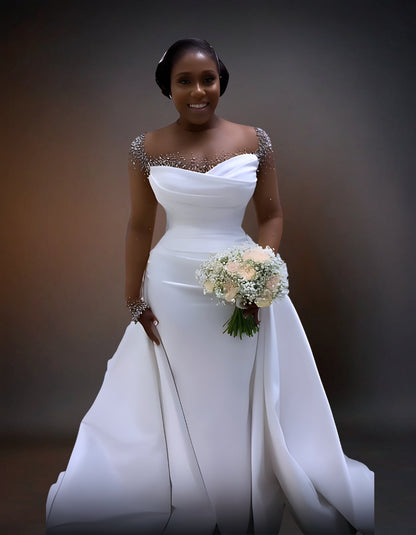  luxury satin mermaid wedding dress with net sleeves.