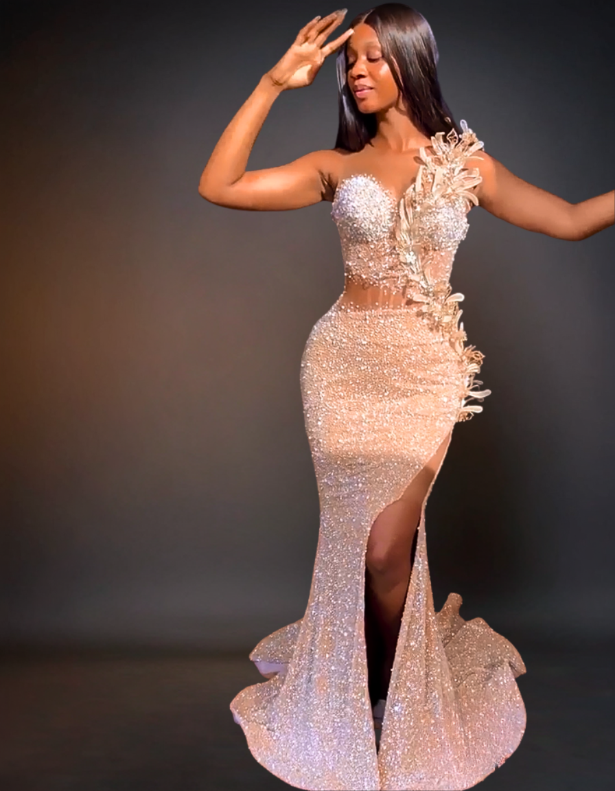 Luxury Mermaid Prom Gown with Floral Beading | Champagne