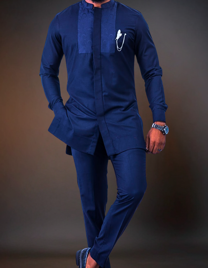 Luxury African Men's Kaftan | Custom Senator Wear | Navy Blue