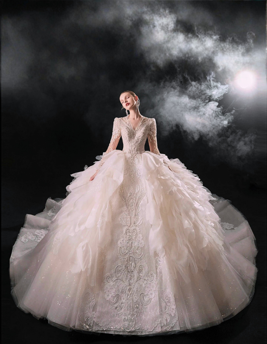 Luxury off white floral ball gown wedding dress with lace bodice long sleeves and dramatic train for formal weddings