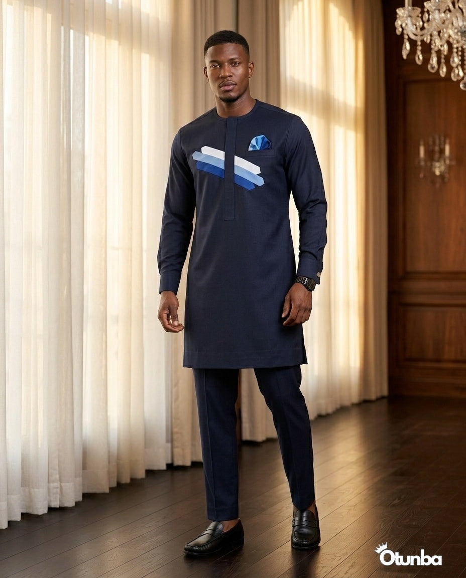 African Men's Kaftan | Custom Senator Wear | Blue Design OTUNBA African Men's Kaftan | Custom Senator Wear | Blue Design OTUNBA