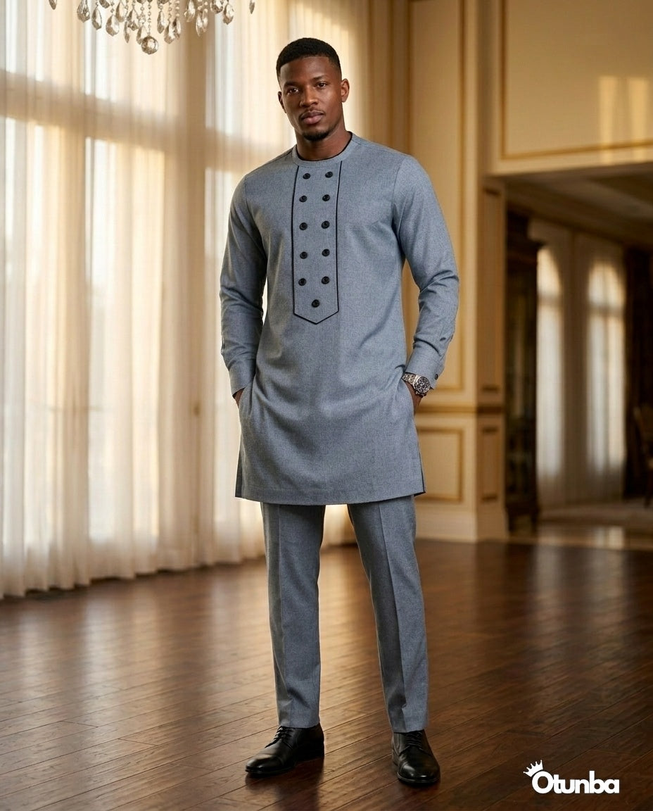 slim fit dress slacks African Wedding Attire for Men - Long Sleeved Shirt and Pants - Brown 001 - Cotton main image 0