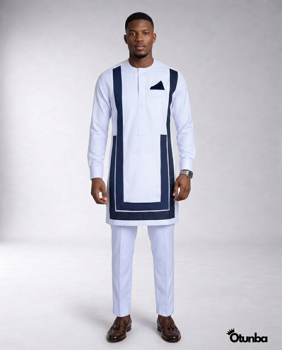 African Men's Kaftan | Custom Senator Wear | White with Blue Design — Photo 253 | OTUNBA Luxury Fashion