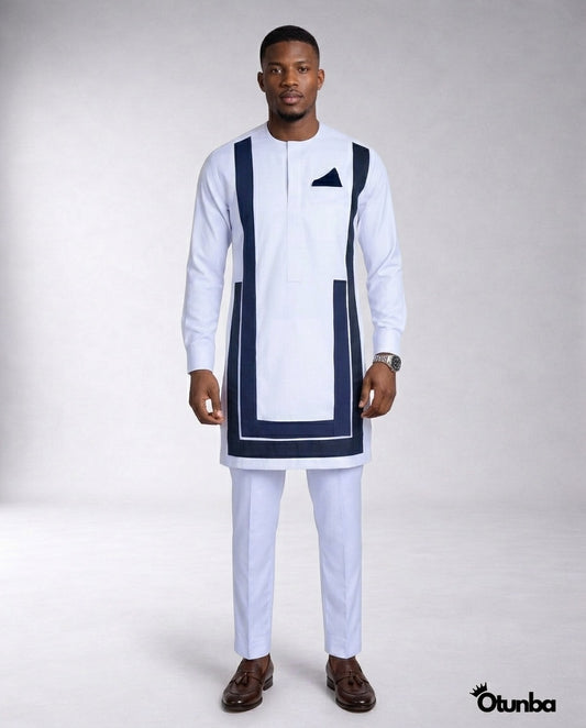 African Men's Kaftan | Custom Senator Wear | White with Blue Design — Photo 253 | OTUNBA Luxury Fashion