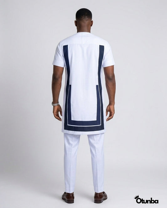 African Men's Kaftan | Custom Senator Wear | White with Blue Design — Photo 254 | OTUNBA Luxury Fashion