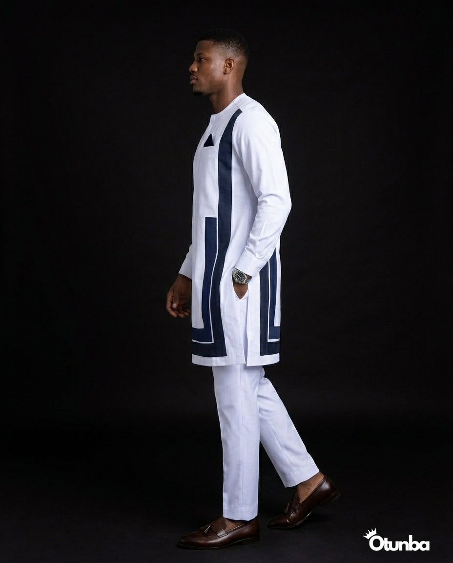 African Men's Kaftan | Custom Senator Wear | White with Blue Design — Photo 256 | OTUNBA Luxury Fashion