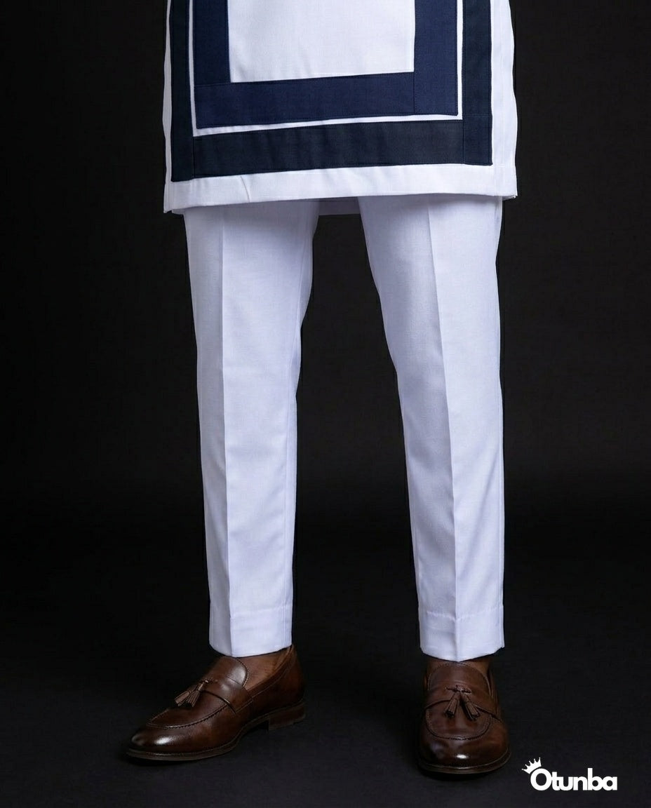 African Men's Kaftan | Custom Senator Wear | White with Blue Design — Photo 257 | OTUNBA Luxury Fashion