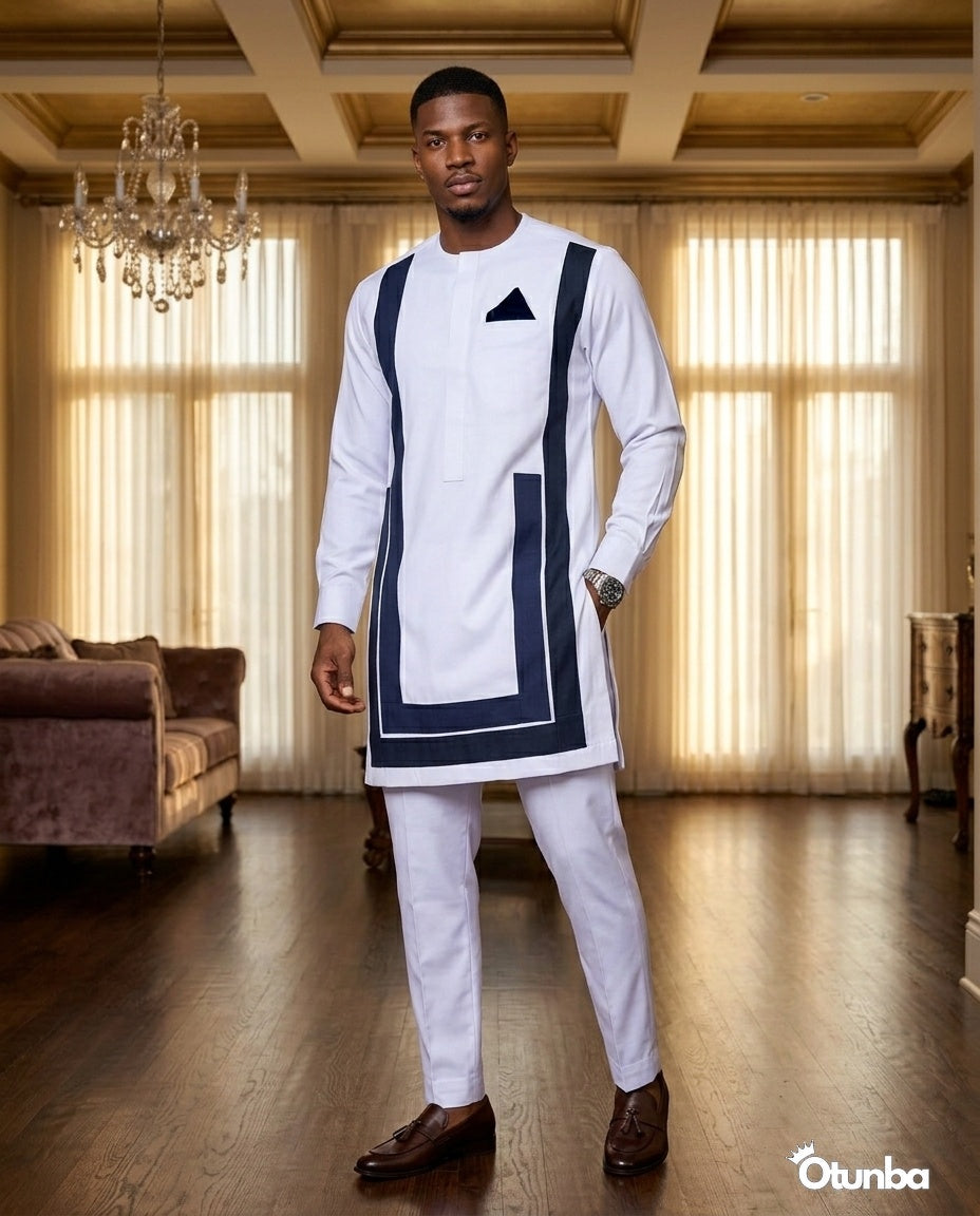 African Men's Kaftan | Custom Senator Wear | White with Blue Design — Photo 258 | OTUNBA Luxury Fashion