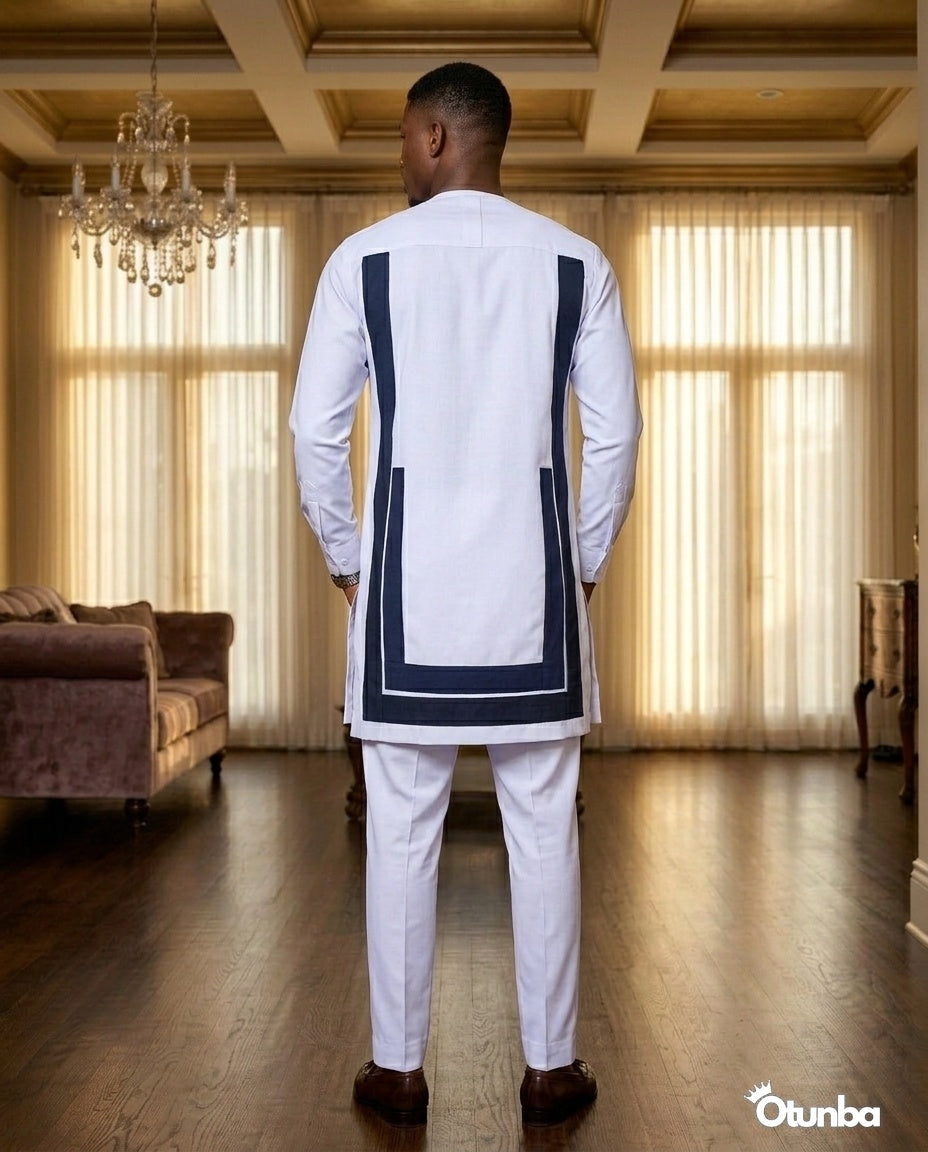 African Men's Kaftan | Custom Senator Wear | White with Blue Design — Photo 259 | OTUNBA Luxury Fashion