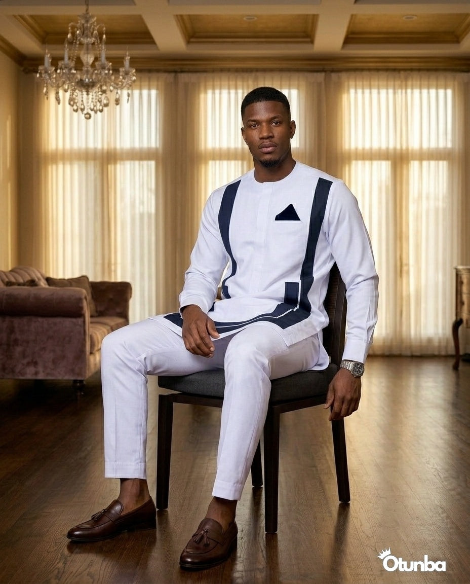 African Men's Kaftan | Custom Senator Wear | White with Blue Design — Photo 260 | OTUNBA Luxury Fashion