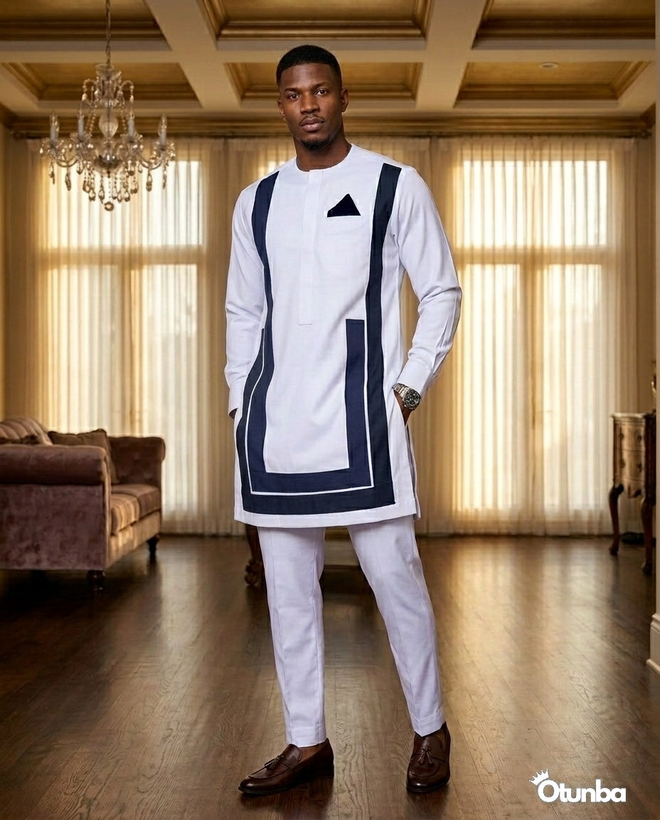 African Men's Kaftan | Custom Senator Wear | White with Blue Design — Photo 261 | OTUNBA Luxury Fashion