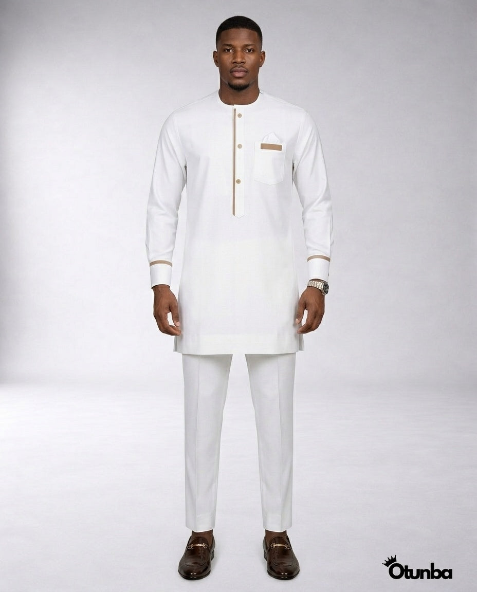 African Mens Senator Wear Kaftan | Vibrant White — Photo 277 | OTUNBA Luxury Fashion