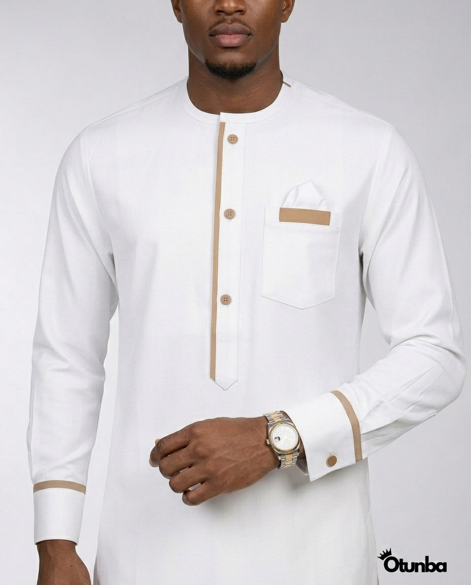 African Mens Senator Wear Kaftan | Vibrant White — Photo 279 | OTUNBA Luxury Fashion
