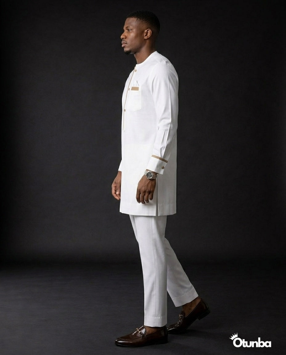 African Mens Senator Wear Kaftan | Vibrant White — Photo 280 | OTUNBA Luxury Fashion